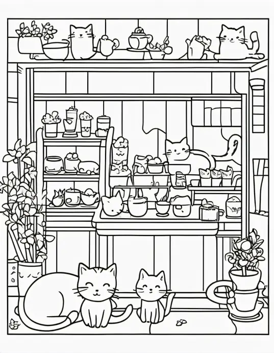 Kawaii Cat Cafe Coloring Scene for Kids