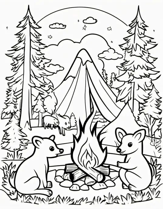 Colorful Campfire Night: Forest Friends Coloring Page