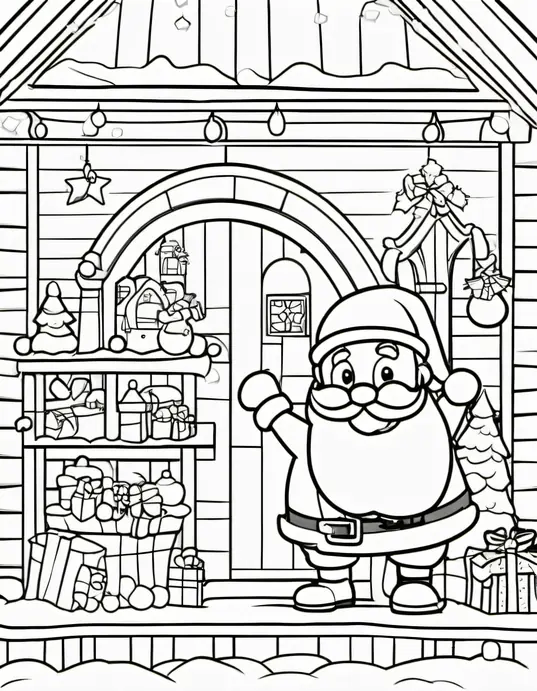 Santa's Snowy Workshop Christmas Coloring Page