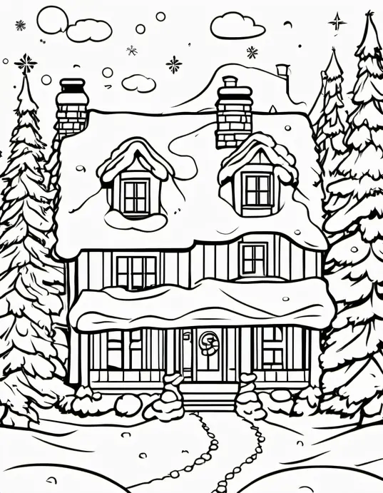 Santa's Snowy Cottage Coloring Page