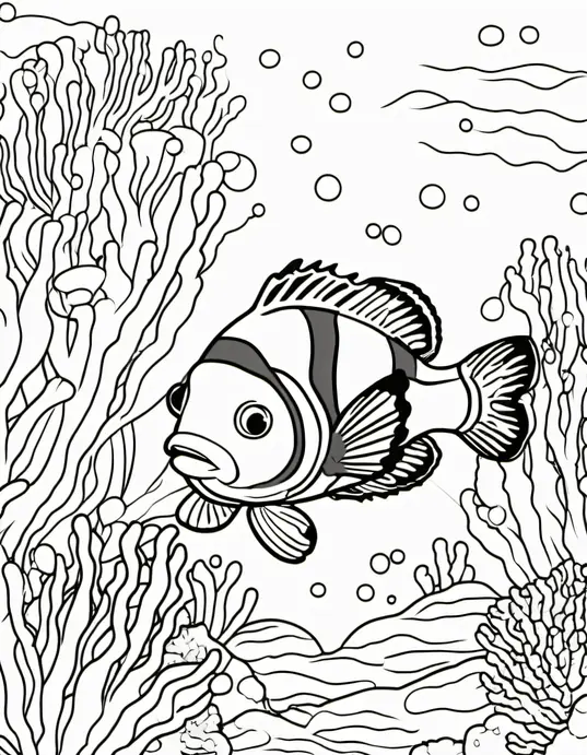 Underwater Rainbow Clownfish Coloring Scene