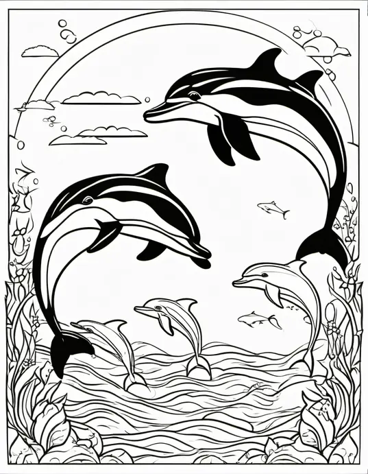 Underwater Dolphin Coloring Scene: Playful Pod Swimming Together