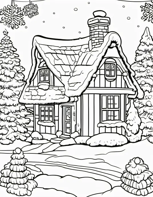 Santa's Snowy Cottage Coloring Page