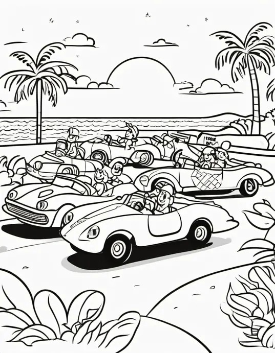 Coloring: Sunny Beach Race Car Parade
