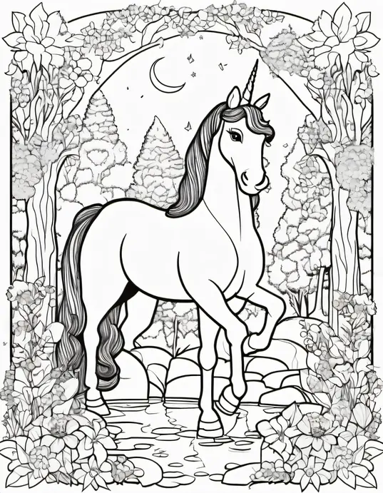 Magical Unicorn Forest Princess Coloring Page