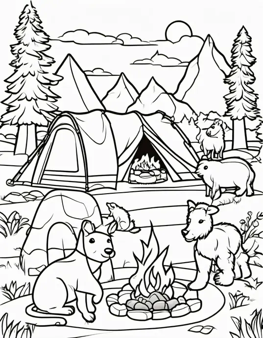 Sunset Campsite Coloring Scene for Kids
