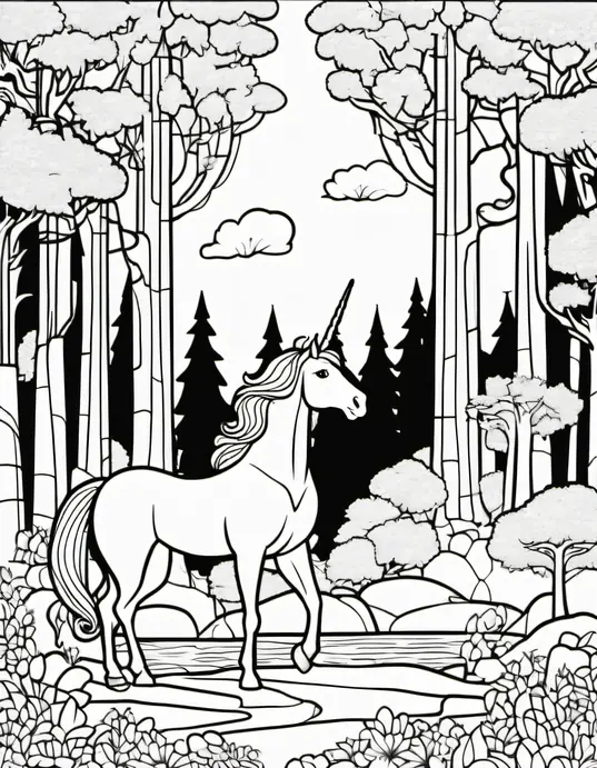 Magical Unicorn Forest Coloring Page