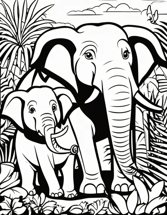 Color Jungle Elephants and Toucans Scene