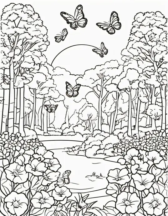 Sunset Butterfly Forest Coloring Scene