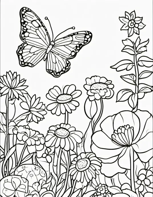 Butterfly Garden Coloring Scene for Kids