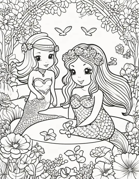 Kawaii Mermaid Garden Coloring Page