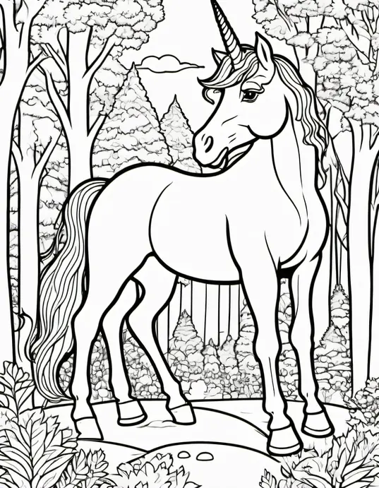 Enchanted Unicorn Forest Coloring Scene