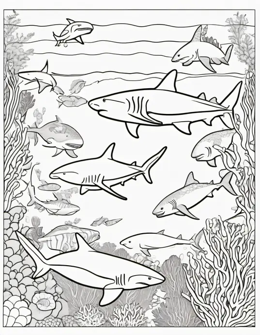 Color Sharks Swimming in Coral Reef Scene