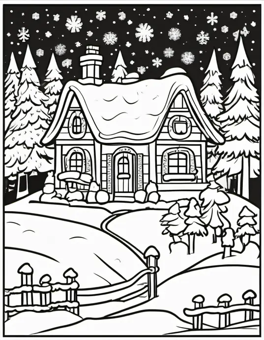 Santa's Snowy Cottage Coloring Page