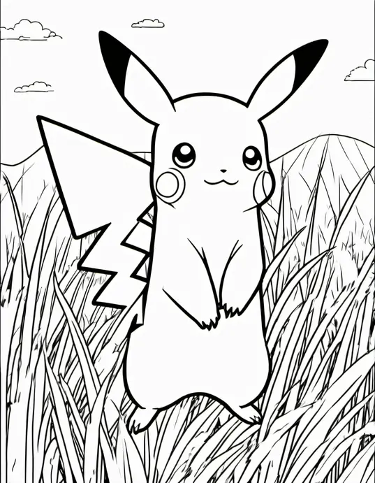 Pokemon Adventure Coloring Page: Catching Pikachu in Grasslands