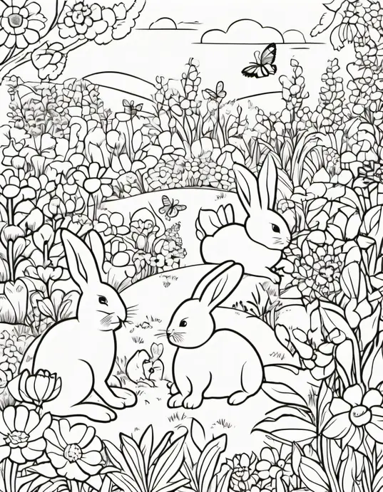 Springtime Bunny Garden Coloring Page