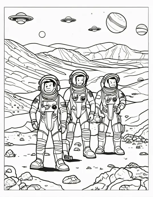 Color Space Adventures: Alien Friends on Mars Coloring Page
