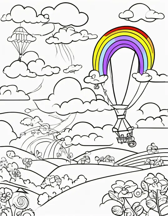 Sunny Day Coloring Fun: Rainbow Clouds and Kites