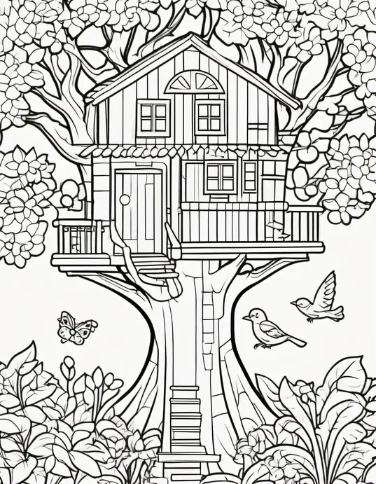Explore Sunny Treehouse Coloring Scene