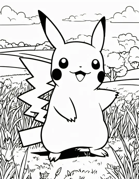 Pokemon Adventure Coloring Page: Catching Pikachu in Grassland