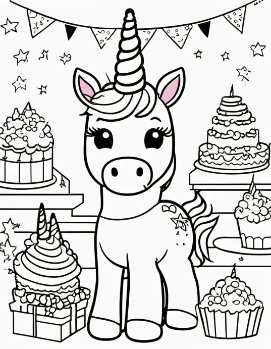 Colorful Unicorn Birthday Party Scene Coloring Page