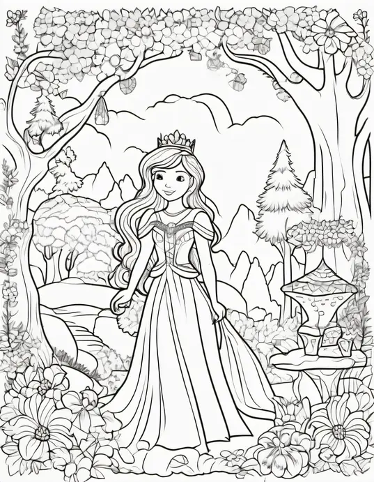Enchanted Forest Princess Coloring Scene