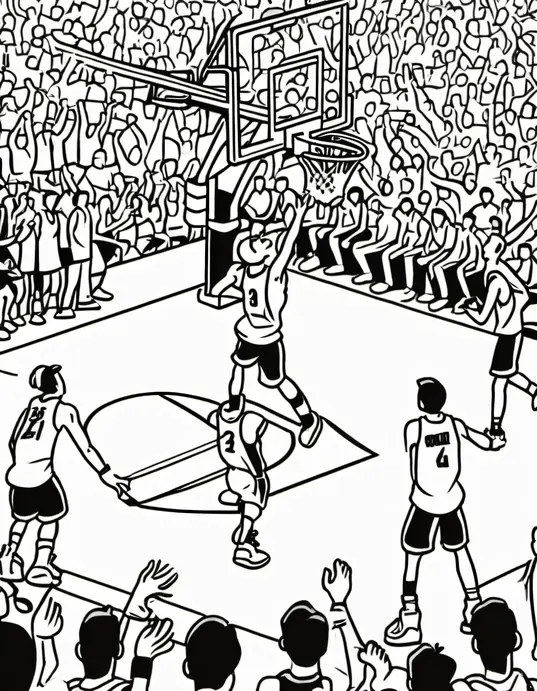 Colorful Hoops: Basketball Players and Cheerful Fans Coloring Page