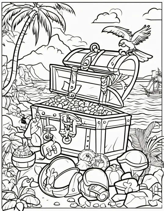 Pirate Treasure Island Coloring Scene for Kids