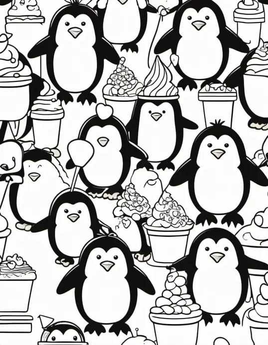 Penguin Playtime: Coloring Penguins at the Ice Cream Party