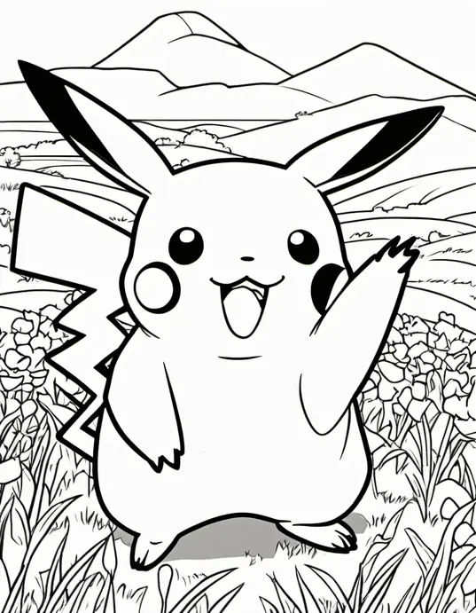 Pokemon Coloring: Catchy Pikachu in Grassland Scene