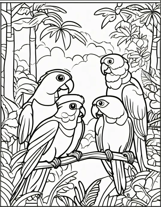 Coloring Happy Parrots in Rainforest Scene
