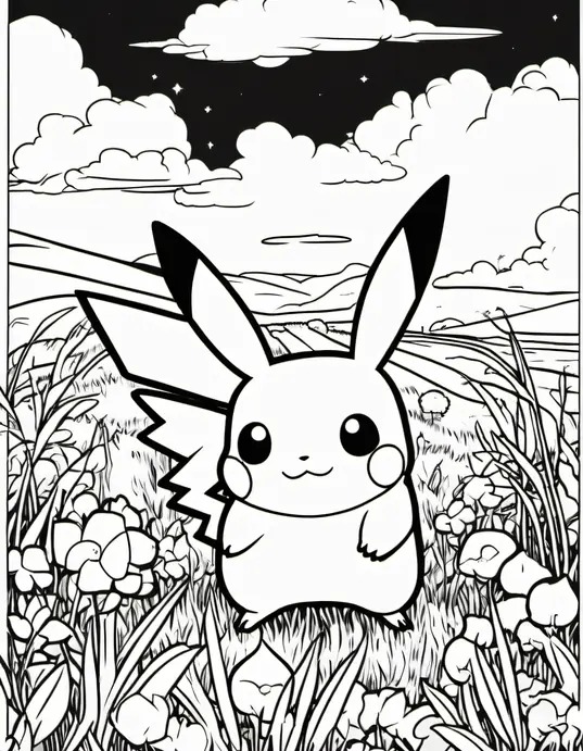 Pokemon Coloring Page: Catch Pikachu in Grassland!