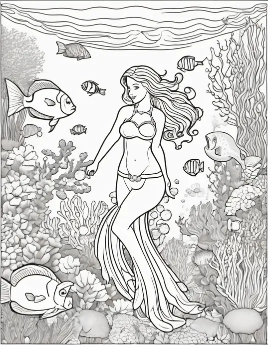 Colorful Underwater Mermaid Garden Scene