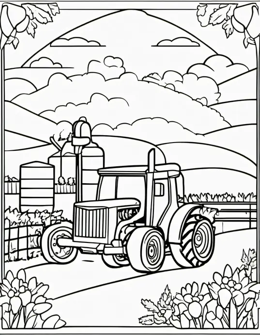 Truck and Tractor Farm Coloring Scene