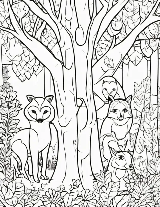 Colorful Forest Animals Tree Hideout Scene