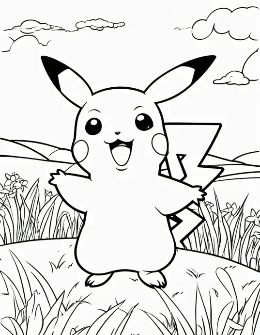 Pokemon Coloring: Catchy Pikachu in Grassland Scene