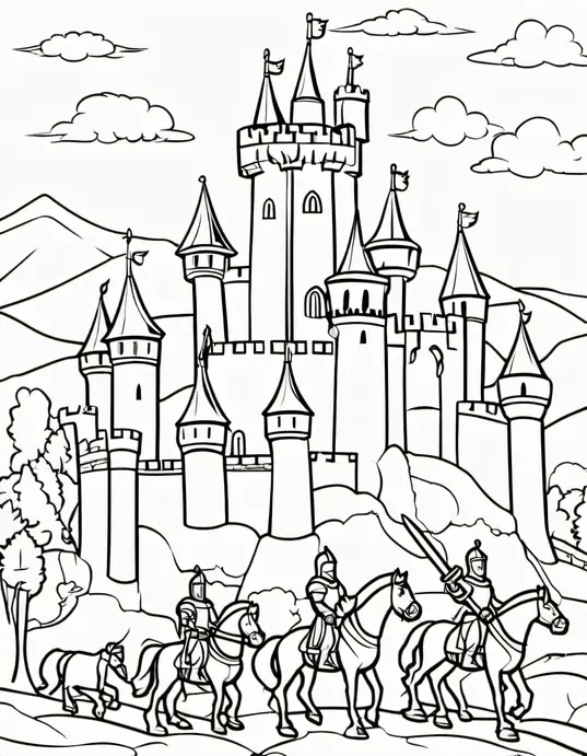 Medieval Castle Coloring Page: Knights and Dragons