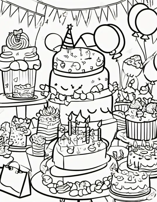 Party-Themed Coloring Scenes for Kids' Birthday Celebrations