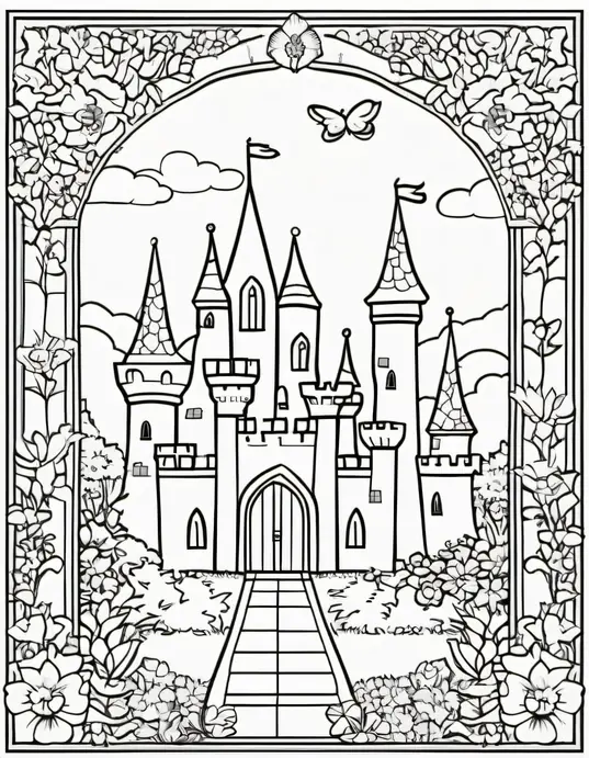 Enchanting Castle Garden Princess Coloring Page