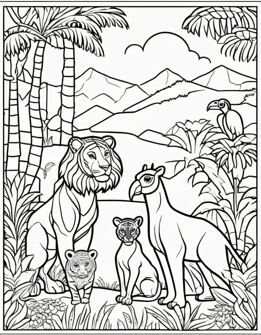 Exotic Jungle Animals Coloring Page