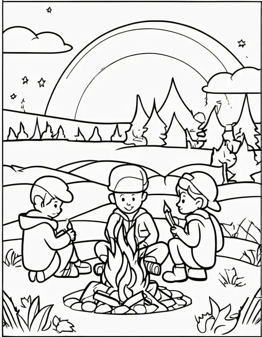 Sunset Campfire Coloring Scene for Kids