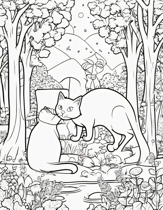 Whimsical Cat Forest Coloring Scene