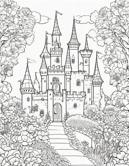 Enchanting Castle Garden Princess Coloring Page