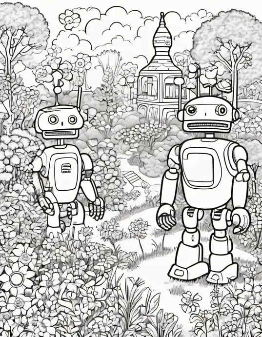 Color In: Happy Robot Garden Playtime