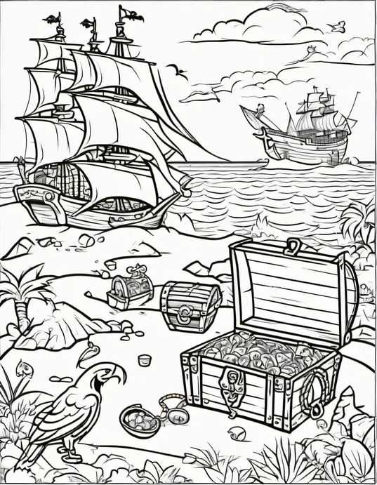 Pirate Treasure Island Coloring Scene for Kids