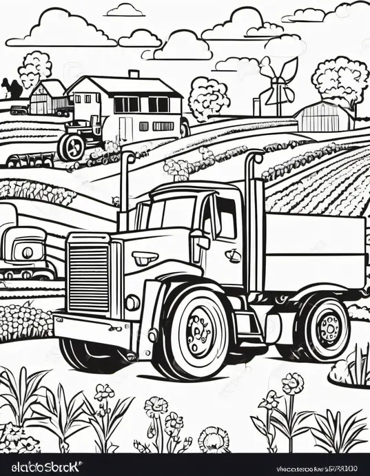 Truck and Tractor Farm Coloring Page