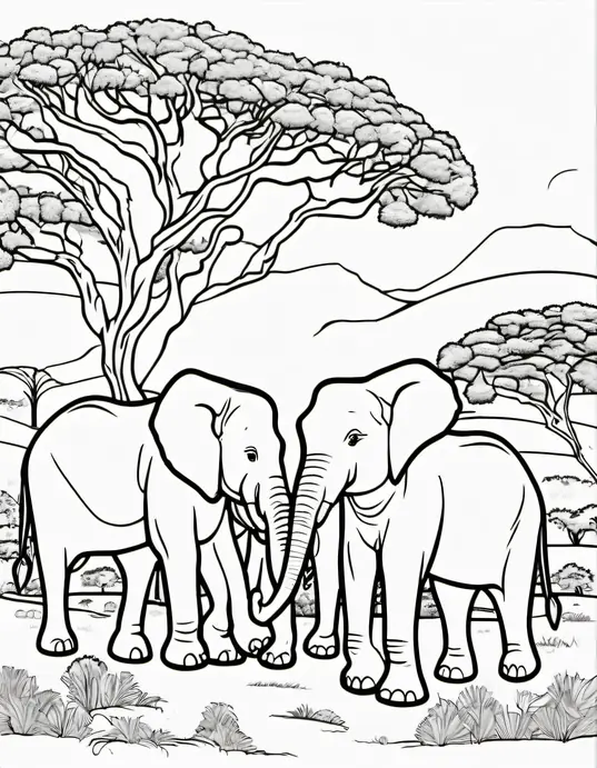 Coloring Safari Elephants Under the Acacia Tree