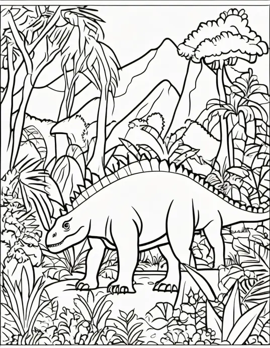 Jurassic Jungle Coloring Page: Dino Rainforest Friends