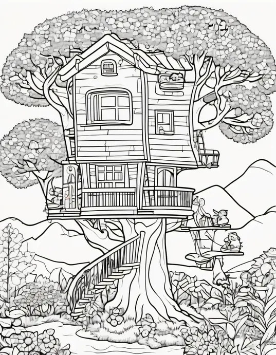 Explore Sunny Treehouse Coloring Scene