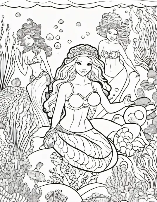 Magical Mermaid Underwater Coloring Scene